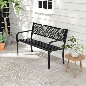 50 Inches Outdoor Garden Bench with Geometric Lattice Backrest and Slatted Seat (Color: Black)