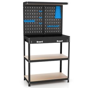 Tool Storage Workbench with Pegboard with 14 Hanging Accessories for Garage (Color: Blue)