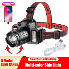 LED Telescopic Headlamp Head Torch USB Rechargeable Motion Sensor Headlight Zoomable 5 Modes Emergency Power Bank For Camping (Option: Black)
